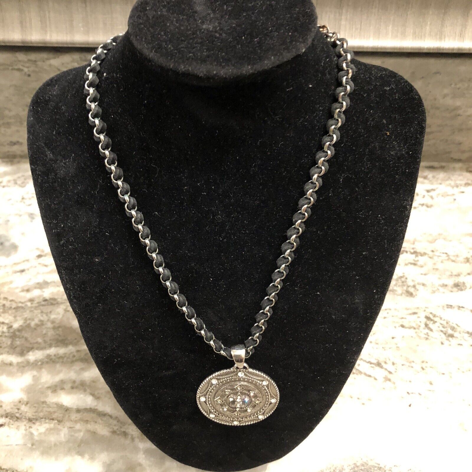 Fleur-De-Lis Medallion Style With Rhinestones Cookie Lee Silver Tone Necklace